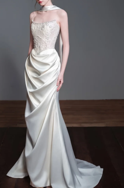 Strapless Beaded Draped Satin Mermaid Wedding Dress fg8830
