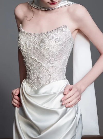 Strapless Beaded Draped Satin Mermaid Wedding Dress fg8830