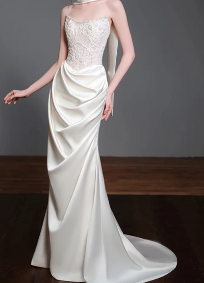 Strapless Beaded Draped Satin Mermaid Wedding Dress fg8830