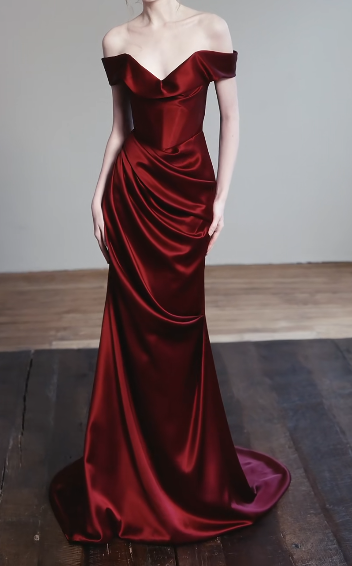 Portrait  V-Neck Draped Satin Mermaid Evening Gown fg8832