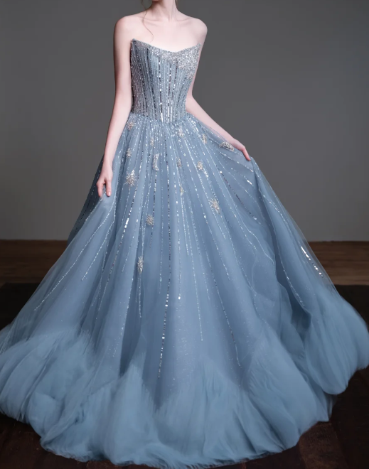 Strapless Beaded Tulle Ball Gown Evening Dress fg8833