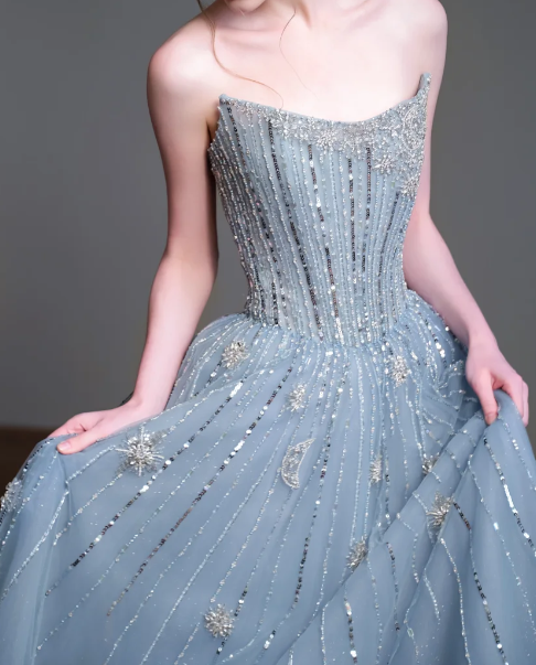 Strapless Beaded Tulle Ball Gown Evening Dress fg8833