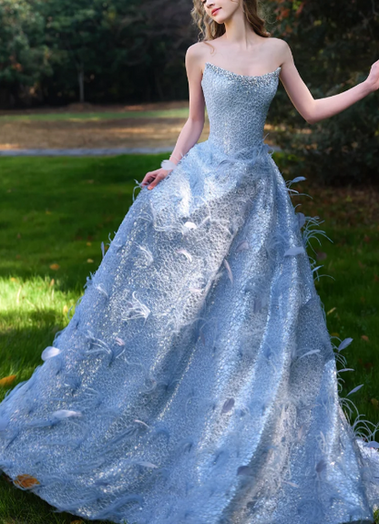 Strapless Sparkly Beaded Feather Ball Gown Evening Dress fg8838