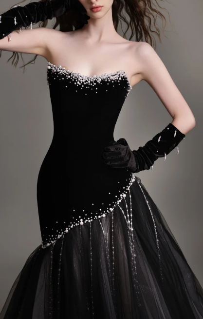Strapless Beaded Velvet Tulle  Evening Dress fg8839