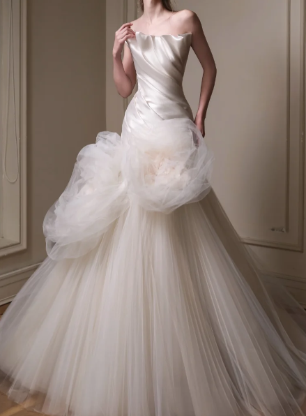 Strapless  Handmade Flowers Satin Tulle Mermaid Wedding Dress fg8840