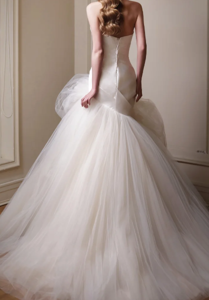 Strapless  Handmade Flowers Satin Tulle Mermaid Wedding Dress fg8840