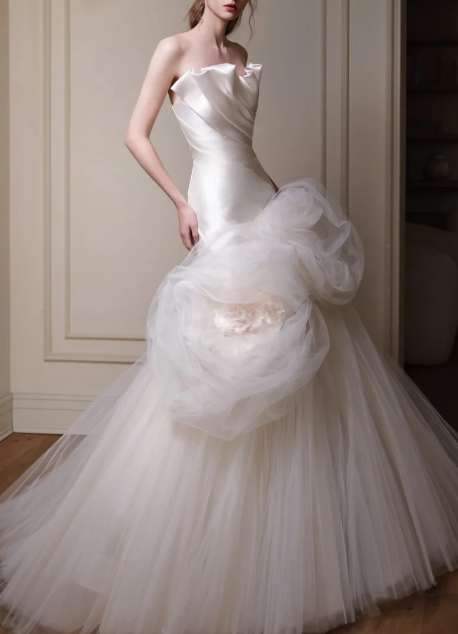 Strapless  Handmade Flowers Satin Tulle Mermaid Wedding Dress fg8840