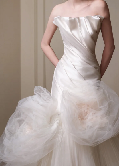 Strapless  Handmade Flowers Satin Tulle Mermaid Wedding Dress fg8840