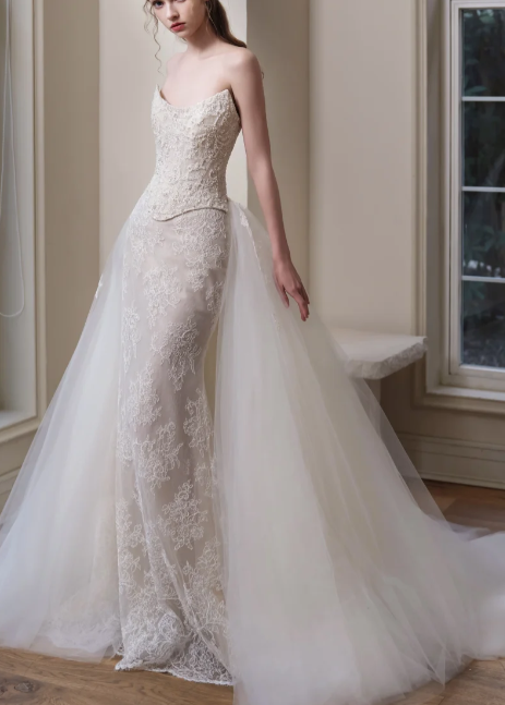 Strapless  Handmade Flowers Satin Tulle Mermaid Wedding Dress fg8840