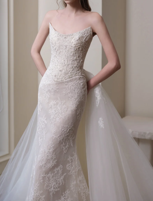 Strapless  Handmade Flowers Satin Tulle Mermaid Wedding Dress fg8840