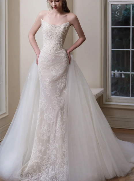 Strapless  Handmade Flowers Satin Tulle Mermaid Wedding Dress fg8840