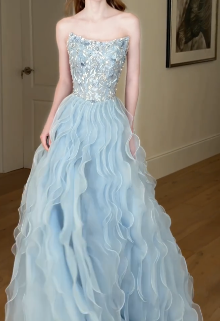 Strapless Beaded Ruffled Tulle A Line Prom Dress fg8841