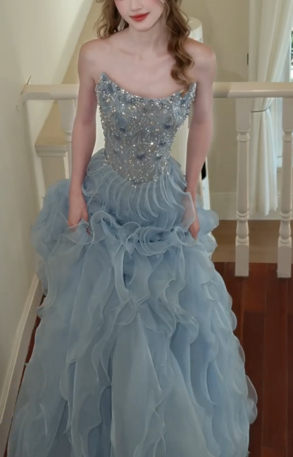 Strapless Beaded Ruffled Tulle A Line Prom Dress fg8841