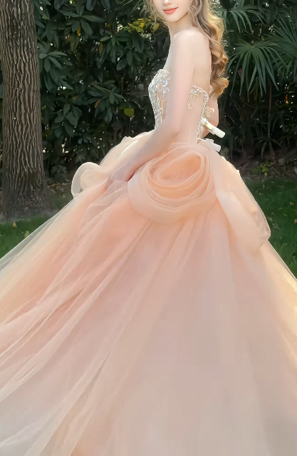 Strapless Beaded 3D Floral Tulle A Line Evening Gown fg8842