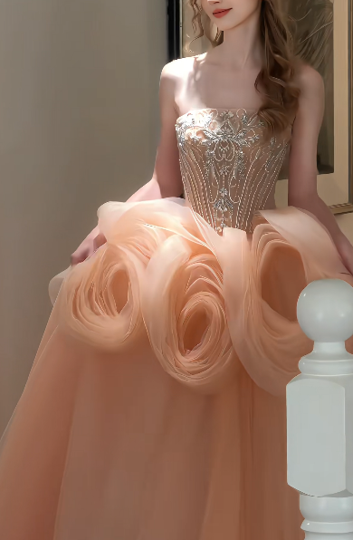 Strapless Beaded 3D Floral Tulle A Line Evening Gown fg8842