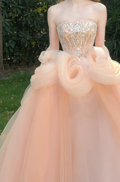 Strapless Beaded 3D Floral Tulle A Line Evening Gown fg8842