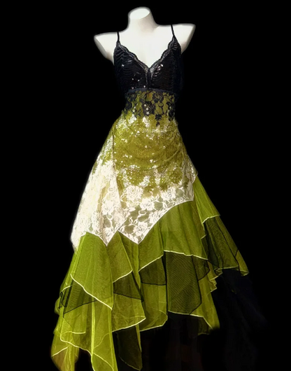 Spaghetti Strap Lace Sequin Green Irregular Tulle Evening Dress fg8847