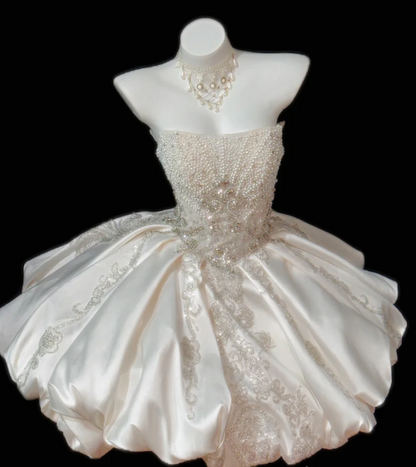Strapless Beaded Satin Short Wedding Dress fg8852