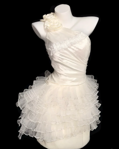One Shoulder 3D Floral Satin Tulle Short Homecoming Dress fg8856