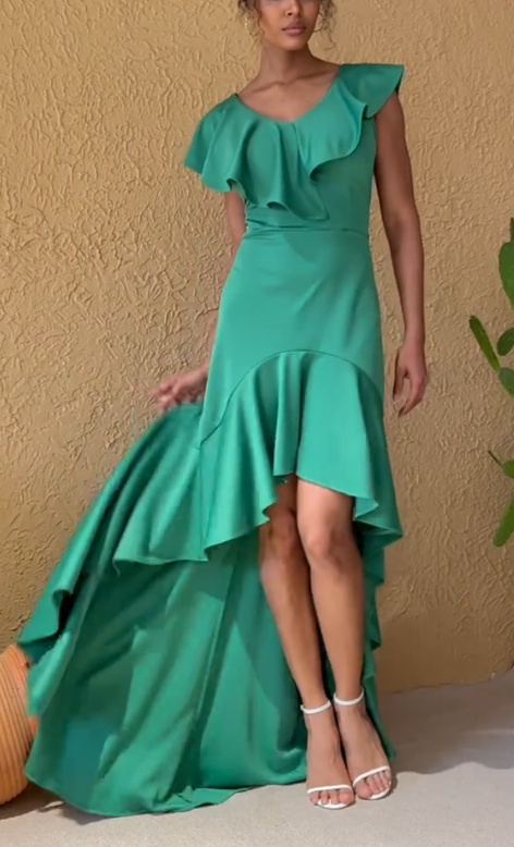 V Neck Ruffled High Low Midi Chiffon Evening Dress fg8863