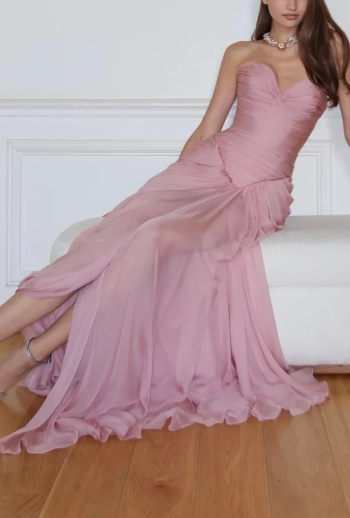Strapless Sweetheart Ruched Chiffon Evening Gown, Dusty Pink Formal Prom Dress fg8864