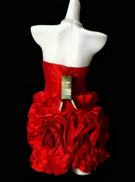 Strapless 3D Floral Ruffle Satin Mini Homecoming Dress, Red Short Party Gown fg8867