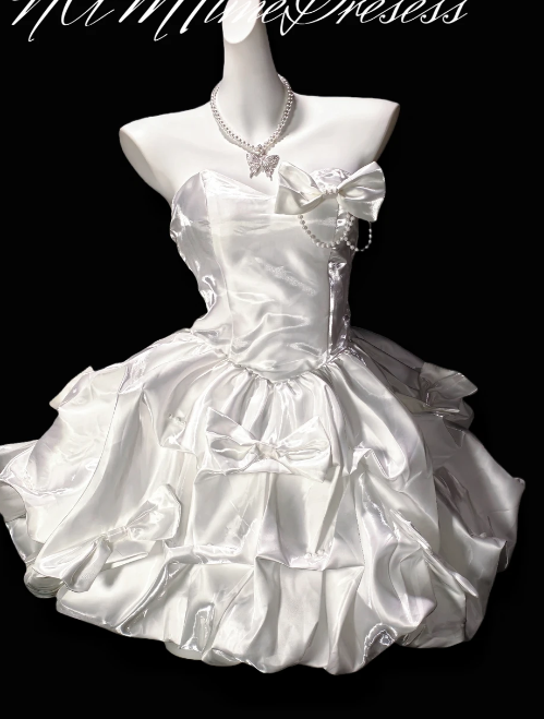Strapless Bow Pearl Decor Satin Puffy Mini Homecoming Dress, White Short Formal Gown fg8869