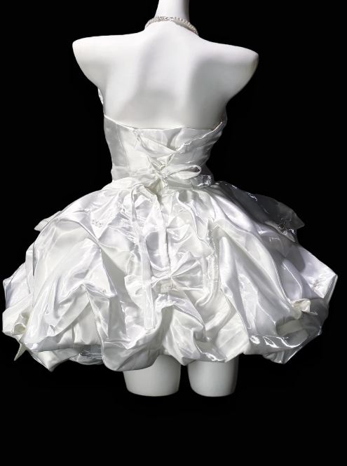 Strapless Bow Pearl Decor Satin Puffy Mini Homecoming Dress, White Short Formal Gown fg8869