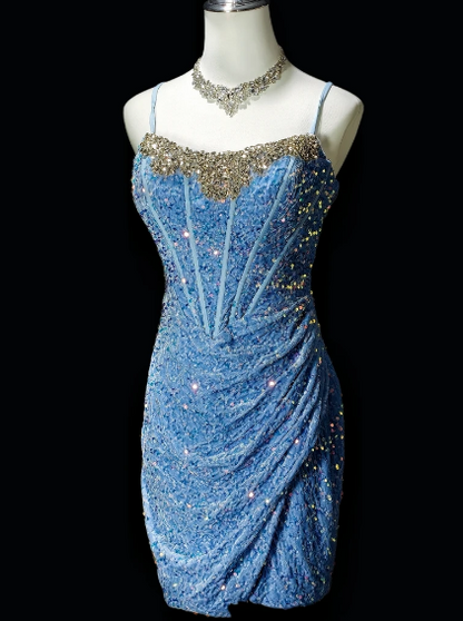 Spaghetti Strap Beaded Sequin Ruched Bodycon Mini Homecoming Dress, Light Blue Short Party Gown fg8870