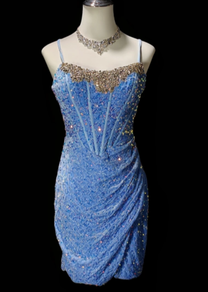 Spaghetti Strap Beaded Sequin Ruched Bodycon Mini Homecoming Dress, Light Blue Short Party Gown fg8870