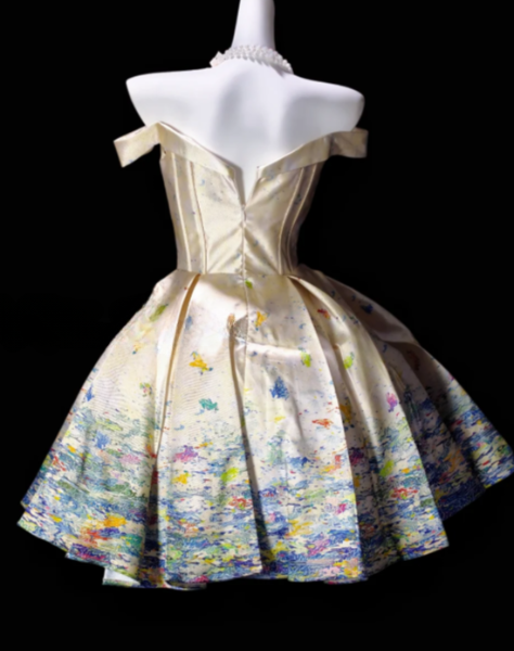 Off Shoulder Bow Printed Satin Puffy Short Homecoming Dress fg8871
