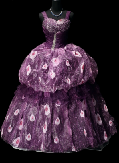 Sweetheart Beaded Peacock Printed Tiered Tulle Ball Gown fg8873
