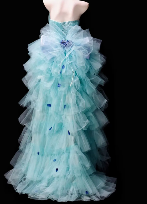 Strapless 3D Floral Pearl Layered Tulle Long Evening Dress fg8883