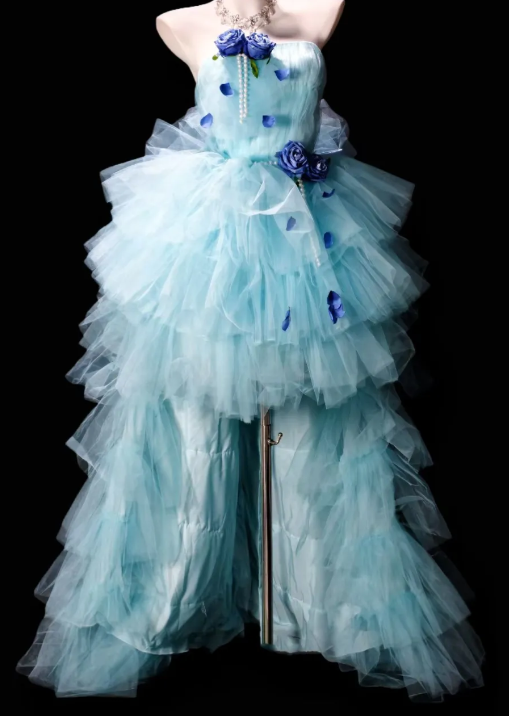 Strapless 3D Floral Pearl Layered Tulle Long Evening Dress fg8883