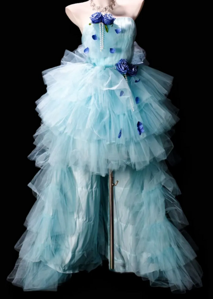 Strapless 3D Floral Pearl Layered Tulle Long Evening Dress fg8883