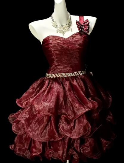 One Shoulder Bow Rhinestone Ruffled Organza Short Homecoming Dress fg8889