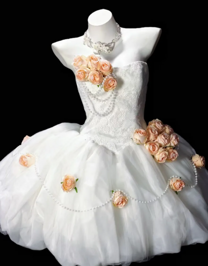 Strapless 3D Rose Pearl Lace Tulle Short Wedding Dress  fg8900