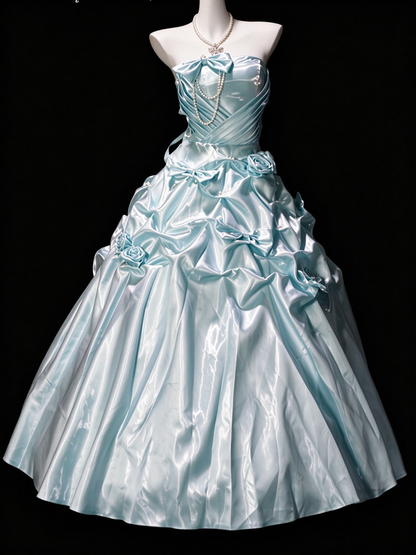 Strapless Ruched Bow Pearl Satin Ball Gown  fg8906