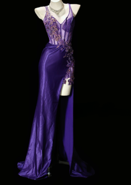 Spaghetti Strap Beaded Lace Corset Mermaid Slit Evening Gown  fg8910