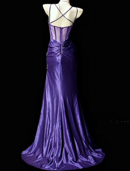 Spaghetti Strap Beaded Lace Corset Mermaid Slit Evening Gown  fg8910