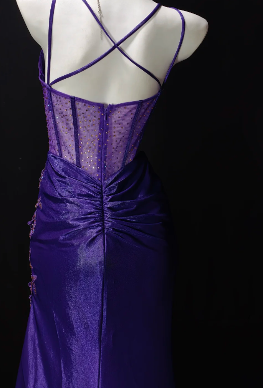 Spaghetti Strap Beaded Lace Corset Mermaid Slit Evening Gown  fg8910