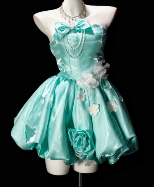 Strapless Bow Pearl 3D Floral Satin Short Bubble Party Dress  fg8901