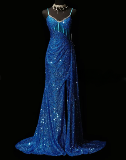 Spaghetti Strap Rhinestone Trim Sequin Corset Slit Mermaid Evening Gown  fg8913