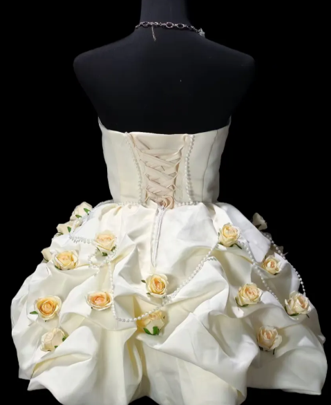 Strapless 3D Rose Pearl Satin Short Puffy Formal Dress  fg8905