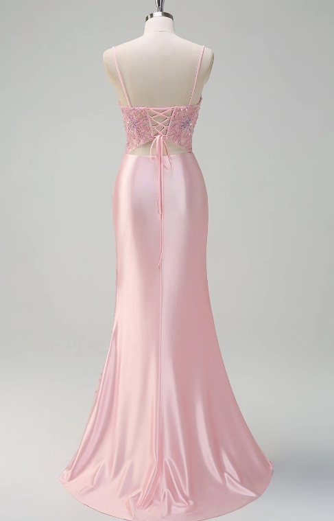 Sage Green Strapless Floral Appliqué Satin High Slit Mermaid Evening Gown fg9077