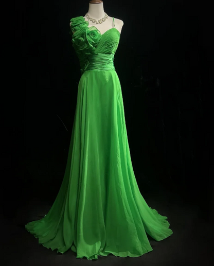 Green One-Shoulder 3D Floral Chiffon Formal Evening Gown fg9050