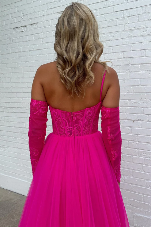Meadow |A Line Off the Shoulder Lace Tulle Prom Dress With Slit