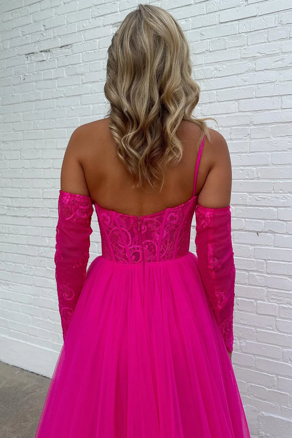 Meadow |A Line Off the Shoulder Lace Tulle Prom Dress With Slit