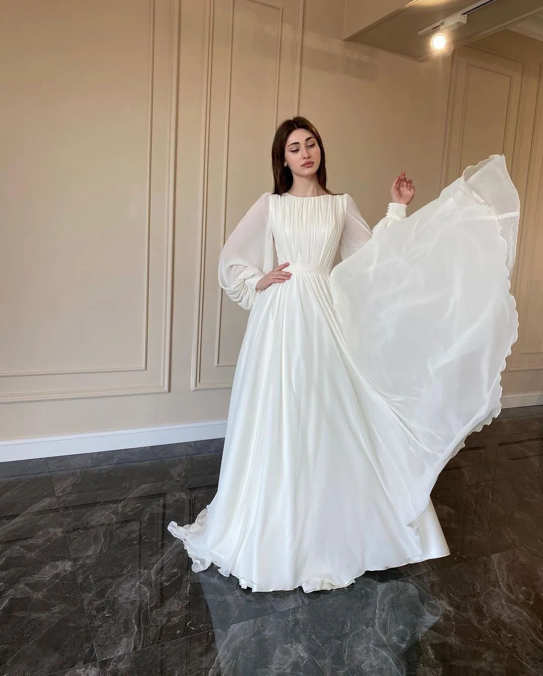 Robe longue plissée élégante à manches lanternes et col rond pour femme, tenue de soirée tendance à manches longues, fg5902