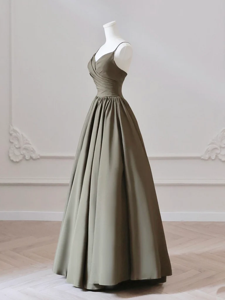 A-Line V Neck Satin Olive Green Long Prom Dress, Olive Green Long Form formalgowns A-Line V Neck Satin Olive Green Long Prom Dress, Olive Green Long Form formalgowns